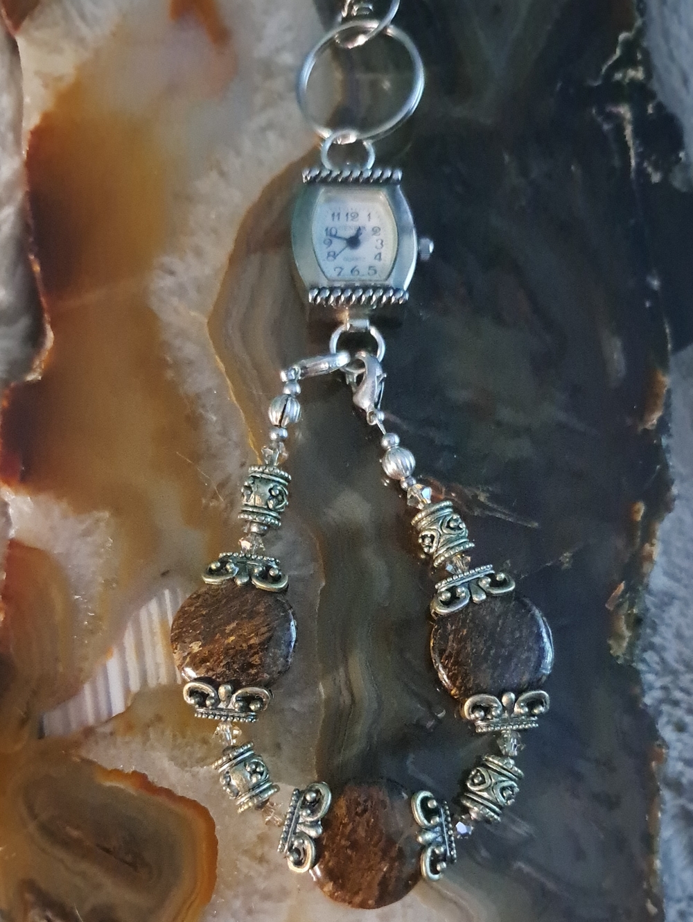 Hand Crafted Silver-Tone Bronzite Brown Stone Watch Keychain Purse Bag jewelry
